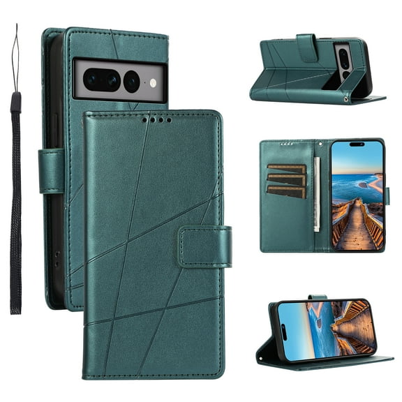 ELEHOLD for Google Pixel 7A Flip Folio Wallet Case with Credit Card Holders Magnetic Clasp Kickstand Function Wrist Lanyard Premium PU Leather Shockproof Protective Cover,darkgreen