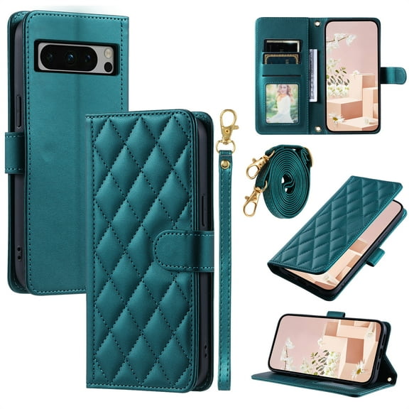 ELEHOLD for Google Pixel 7A Wallet Crossbody Case PU Leather Cover with Card Slots Magnetic Clasp Kickstand Detachable Wriststrap Shoulder Strap Flip Shockpoof Cover,green