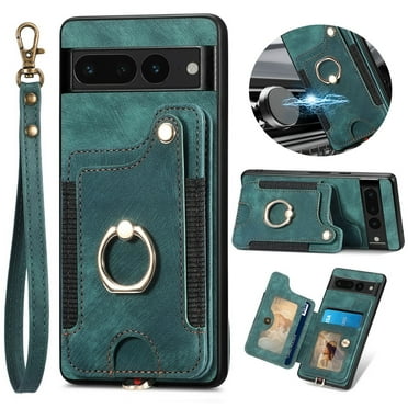 ELEHOLD for Google Pixel 8 Case with Ring Holder, Pixel 8 Wallet Case with RFID Blocking Card Holder Wristlet Strap, Magnetic Button Flip Folio Kickstand Shockproof Phone Cover,Green