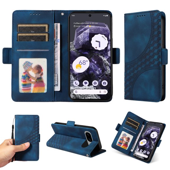 ELEHOLD For Google Pixel 8 Leather Wallet Phone Case, Embossed Diamond Folio Flip Cover, Card Holder Cash Slot, Stand Support, Wrist Strap Lanyard -Blue