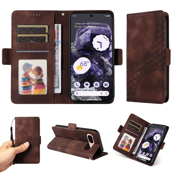 ELEHOLD For Google Pixel 8A Leather Wallet Phone Case, Embossed Diamond Folio Flip Cover, Card Holder Cash Slot, Stand Support, Wrist Strap Lanyard -Coffee