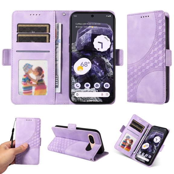 ELEHOLD For Google Pixel 8A Leather Wallet Phone Case, Embossed Diamond Folio Flip Cover, Card Holder Cash Slot, Stand Support, Wrist Strap Lanyard -Purple