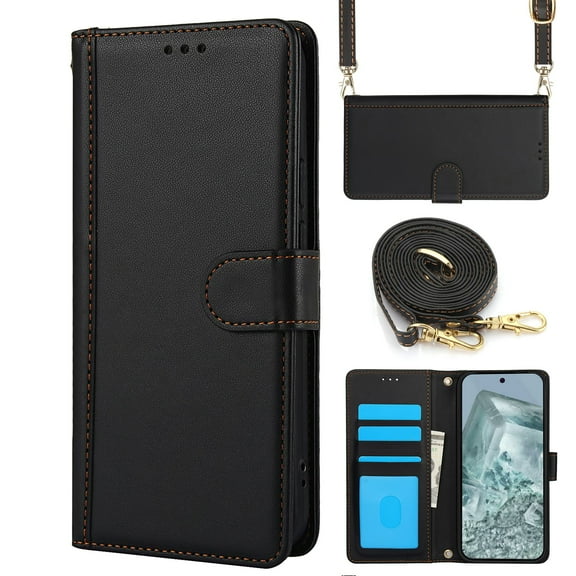 ELEHOLD for Google Pixel 9 / 9 Pro Case, Magnetic Stand Soft Leather Credit Card Slots Cash Pockets Flip Protective Case with Crossbody Strap for for Google Pixel 9 / 9 Pro,Black