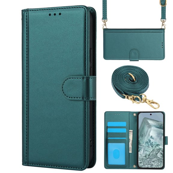 ELEHOLD for Google Pixel 9 / 9 Pro Case, Magnetic Stand Soft Leather Credit Card Slots Cash Pockets Flip Protective Case with Crossbody Strap for for Google Pixel 9 / 9 Pro,Green