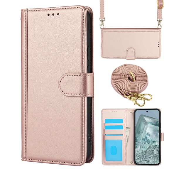 ELEHOLD for Google Pixel 9 / 9 Pro Case, Magnetic Stand Soft Leather Credit Card Slots Cash Pockets Flip Protective Case with Crossbody Strap for for Google Pixel 9 / 9 Pro,Rosegold