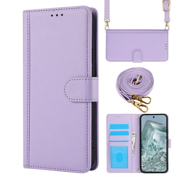 ELEHOLD for Google Pixel 9 / 9 Pro Case, Magnetic Stand Soft Leather Credit Card Slots Cash Pockets Flip Protective Case with Crossbody Strap for for Google Pixel 9 / 9 Pro,Purple