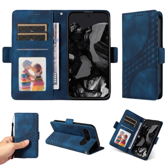 ELEHOLD For Google Pixel 9 / 9 Pro Leather Wallet Phone Case, Embossed Diamond Folio Flip Cover, Card Holder Cash Slot, Stand Support, Wrist Strap Lanyard -Blue