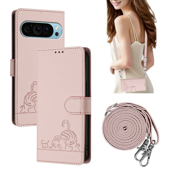 ELEHOLD for Google Pixel 9/9 Pro Wallet Case, Cute Embossed Cat PU Leather RFID Blocking Credit Card Slot Kickstand Shockproof Case with Crossbody Strap for Google Pixel 9/9 Pro,Pink