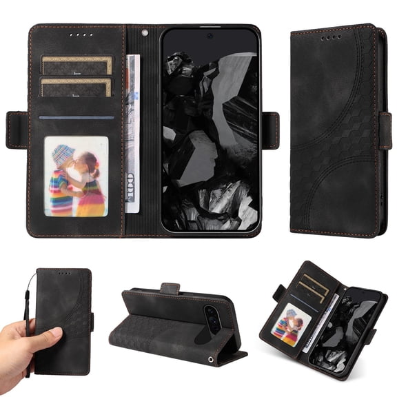 ELEHOLD For Google Pixel 9 Pro XL Leather Wallet Phone Case, Embossed Diamond Folio Flip Cover, Card Holder Cash Slot, Stand Support, Wrist Strap Lanyard -Black