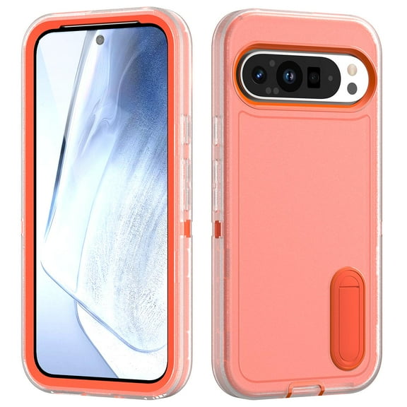 ELEHOLD for Google Pixel 9 Pro XL Rugged Protective Case Multi Layer Shockproof Hidden Kickstand Hybrid Silicone Hard PC Cover for Google Pixel 9 Pro XL,Clear+Orange