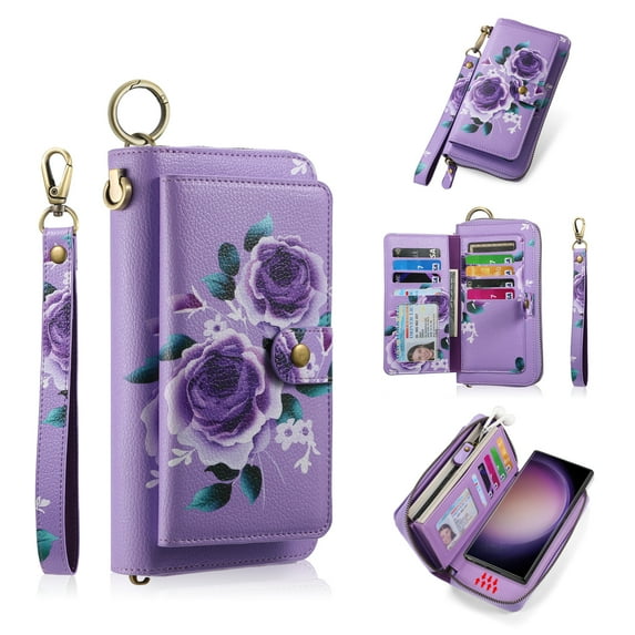 ELEHOLD Handbag Wallet with Case for Samsung Galaxy Note 20 Ultra Flower Floral Pattern with Card Holders Zipper Purse RFID Wallet Wristband Strap Magnetic Phone Case for Samsung Note 20 Ultra,purple