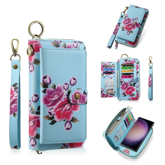 ELEHOLD Handbag Wallet with Case for Samsung Galaxy S22 Ultra Flower Floral Pattern with Card Holders Zipper Purse RFID Wallet Wristband Strap Magnetic Phone Case for Samsung Galaxy S22 Ultra,skyblue