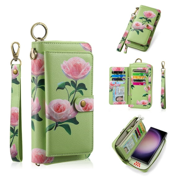 ELEHOLD Handbag Wallet with Case for Samsung Galaxy S23 Ultra Flower Floral Pattern with Card Holders Zipper Purse RFID Wallet Wristband Strap Magnetic Phone Case for Samsung Galaxy S23 Ultra,green