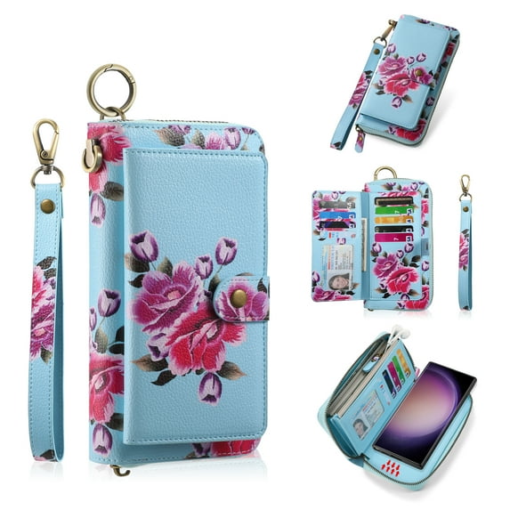 ELEHOLD Handbag Wallet with Case for Samsung Galaxy S23 Ultra Flower Floral Pattern with Card Holders Zipper Purse RFID Wallet Wristband Strap Magnetic Phone Case for Samsung Galaxy S23 Ultra,skyblue