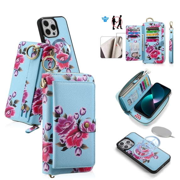 ELEHOLD Handbag Wallet with Case for iPhone 11 Pro Max Flower Floral Pattern with Card Holders Zipper Purse RFID Wallet Wristband Strap Magnetic Phone Case for iPhone 11 Pro Max,skyblue