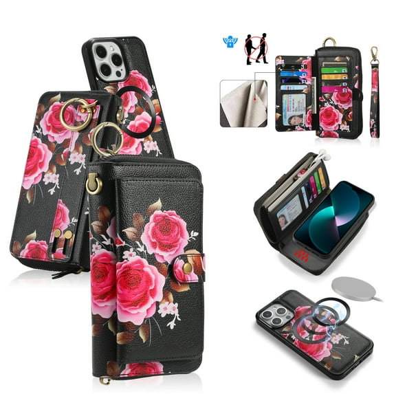 ELEHOLD Handbag Wallet with Case for iPhone 12 Pro Max Flower Floral Pattern with Card Holders Zipper Purse RFID Wallet Wristband Strap Magnetic Phone Case for iPhone 12 Pro Max,black