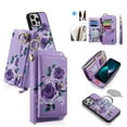 thumbnail image 1 of ELEHOLD Handbag Wallet with Case for iPhone 14 Flower Floral Pattern with Card Holders Zipper Purse RFID Wallet Wristband Strap Magnetic Phone Case for iPhone 14,purple, 1 of 1