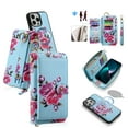thumbnail image 1 of ELEHOLD Handbag Wallet with Case for iPhone 14 Plus Flower Floral Pattern with Card Holders Zipper Purse RFID Wallet Wristband Strap Magnetic Phone Case for iPhone 14 Plus,skyblue, 1 of 8