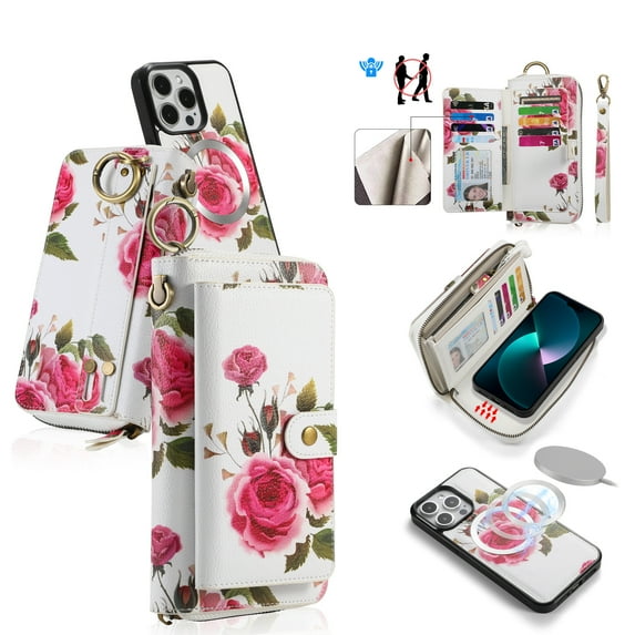 ELEHOLD Handbag Wallet with Case for iPhone 14 Plus Flower Floral Pattern with Card Holders Zipper Purse RFID Wallet Wristband Strap Magnetic Phone Case for iPhone 14 Plus,white