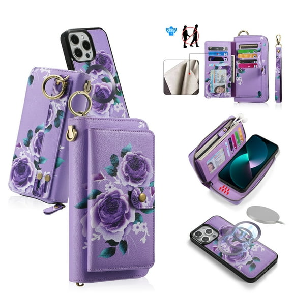 ELEHOLD Handbag Wallet with Case for iPhone 14 Pro Flower Floral Pattern with Card Holders Zipper Purse RFID Wallet Wristband Strap Magnetic Phone Case for iPhone 14 Pro,purple