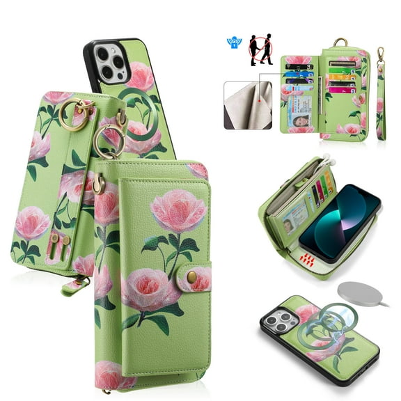 ELEHOLD Handbag Wallet with Case for iPhone 15 Flower Floral Pattern with Card Holders Zipper Purse RFID Wallet Wristband Strap Magnetic Phone Case for iPhone 15,green