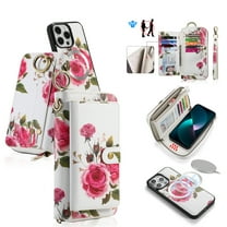 ELEHOLD Handbag Wallet with Case for iPhone XS/X Flower Floral Pattern with Card Holders Zipper Purse RFID Wallet Wristband Strap Magnetic Phone Case for iPhone XS/X,white