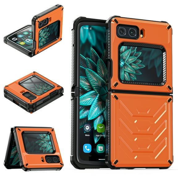 ELEHOLD Heavy Duty Armored Case for Motorola Moto Razr 2022 Full Body Protection Flip Hard Shell Shockproof Anti-Scratch Rugged Case Support Wireless Charging, Orange