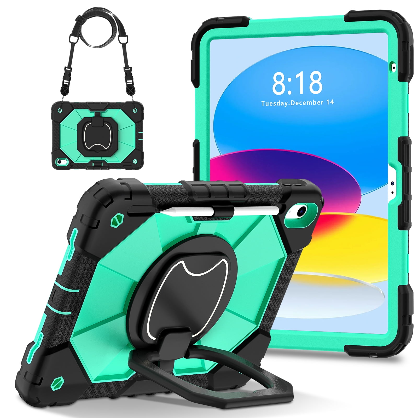 ELEHOLD Heavy Duty Case for  Apple iPad 11th(A16) 2025, 3-Layer Rugged 360 Rotating Kickstand Handle Grip Detachable Shoulder Strap Kids Friendly Shockproof Case for Apple iPad 11th, Black+Mint