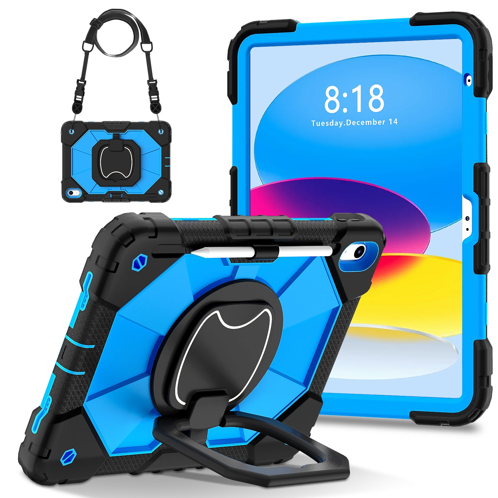 ELEHOLD Heavy Duty Case for  Apple iPad 11th(A16) 2025, 3-Layer Rugged 360 Rotating Kickstand Handle Grip Detachable Shoulder Strap Kids Friendly Shockproof Case for Apple iPad 11th, Black+Blue