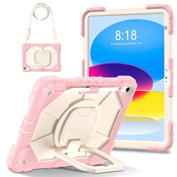 ELEHOLD Heavy Duty Case for  Apple iPad 11th(A16) 2025, 3-Layer Rugged 360 Rotating Kickstand Handle Grip Detachable Shoulder Strap Kids Friendly Shockproof Case for Apple iPad 11th, Rosegold