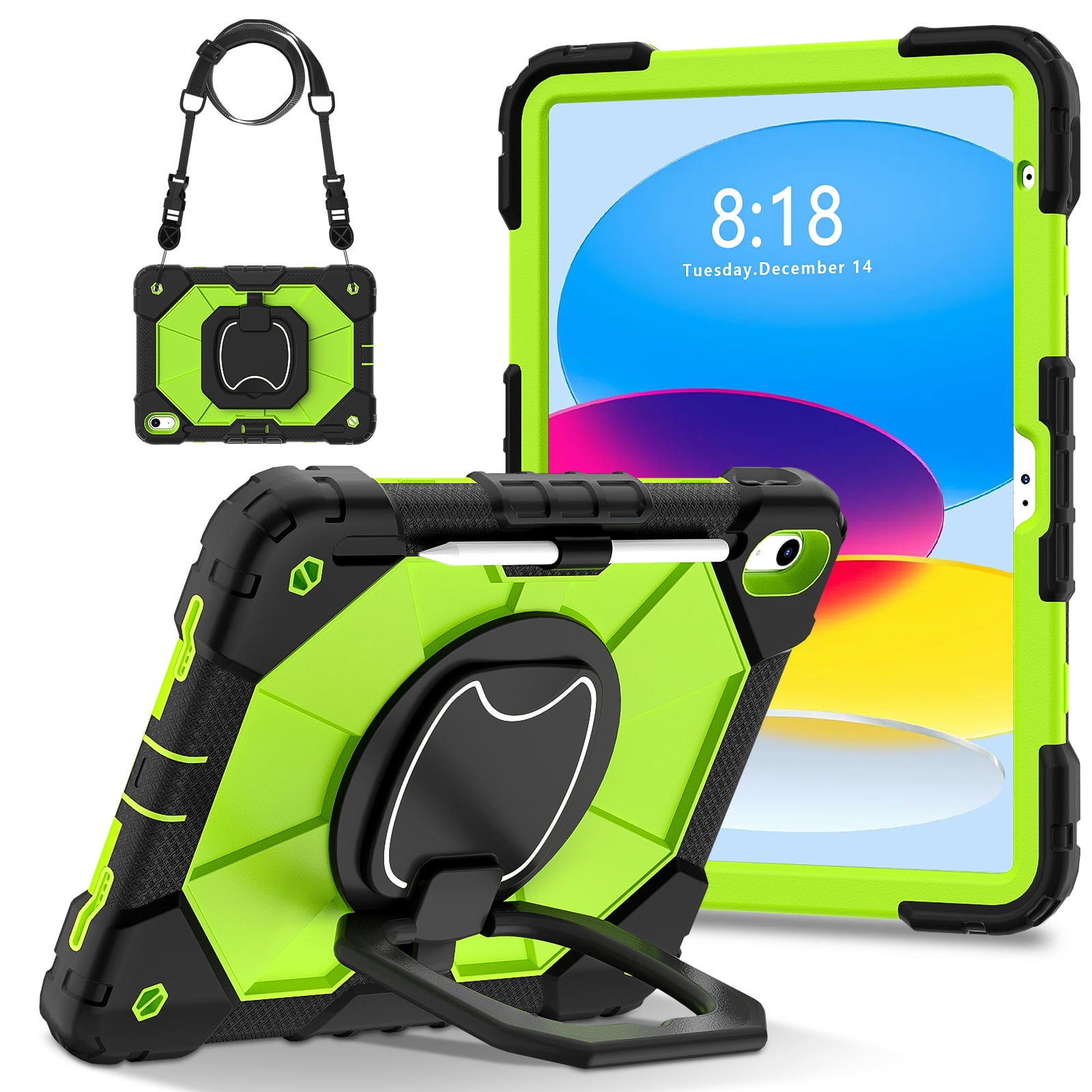 ELEHOLD Heavy Duty Case for  Apple iPad 11th(A16) 2025, 3-Layer Rugged 360 Rotating Kickstand Handle Grip Detachable Shoulder Strap Kids Friendly Shockproof Case for Apple iPad 11th, Black+Green