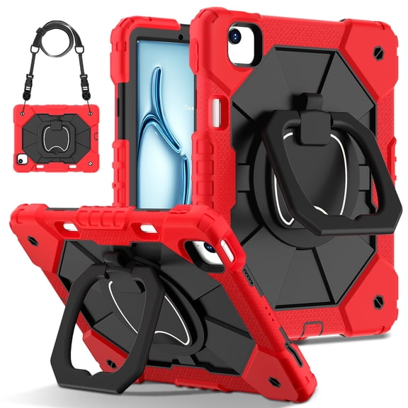 ELEHOLD Heavy Duty Case for iPad Air 13-inch M4 (2026)/ M3 (2025) / M2 (2024), 3-Layer Rugged 360 Rotating Kickstand Handle Grip Detachable Shoulder Strap Kids Friendly Shockproof Case, Black+Red