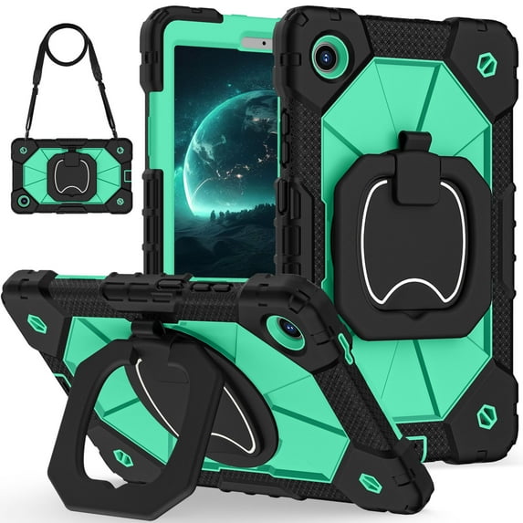ELEHOLD Heavy Duty Case For Lenovo Tab K9 2025/Tab One 2025,8.7-inch, 3-Layer Rugged 360 Rotating Kickstand Handle Grip Detachable Shoulder Strap Kids Friendly Shockproof Case ,Black+Mint