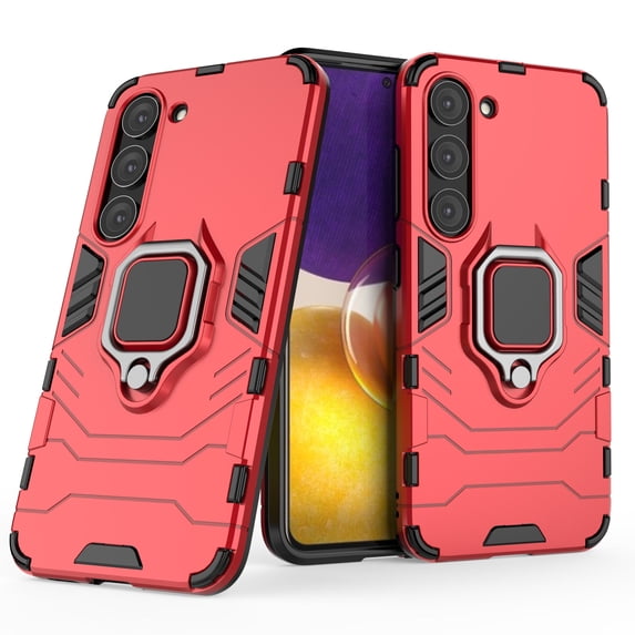ELEHOLD Heavy Duty Case for Samsung Galaxy S23,Armor Rugged Protective Magnetic Metal Ring Holder Kickstand Function Shockproof Anti-Scratch Non-Slip Slim Case,Red