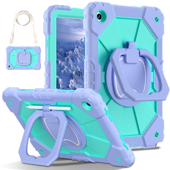 ELEHOLD Heavy Duty Case for  For Samsung Galaxy Tab A11+ 2025, 11-inch, 3-Layer Rugged 360 Rotating Kickstand Handle Grip Detachable Shoulder Strap Kids Friendly Shockproof Case,Purple+Mint