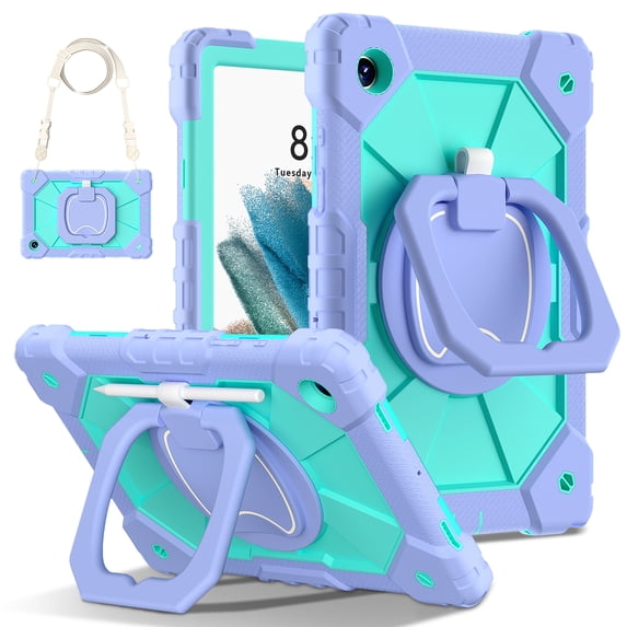 ELEHOLD Heavy Duty Case for Samsung Galaxy Tab A8 10.5 (2022), 3-Layer Rugged 360 Rotating Kickstand Handle Grip Shoulder Strap Kids Friendly Shockproof Galaxy Tab A8 Case X200/X205,Purple+Mint