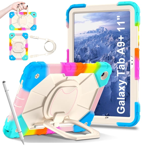 ELEHOLD Heavy Duty Case for  For Samsung Galaxy Tab A9+ 2023, 11-inch, 3-Layer Rugged  Kickstand Handle Grip Detachable Shoulder Strap Kids Shockproof Case With 3-in-1 Capacitive Stylus,Rainbow Blue
