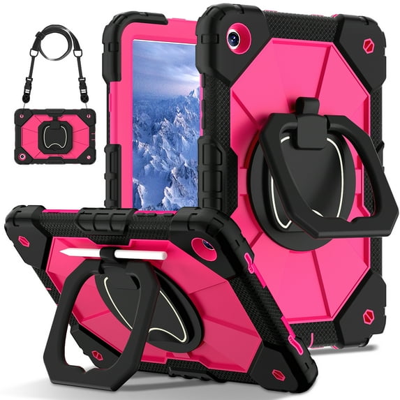 ELEHOLD Heavy Duty Case for Samsung Galaxy Tab A9 Plus 11.0" (2023), 3-Layer Rugged 360 Rotating Kickstand Handle Grip Shoulder Strap Kids Friendly Shockproof Case for Galaxy Tab A9+,Black+Rose