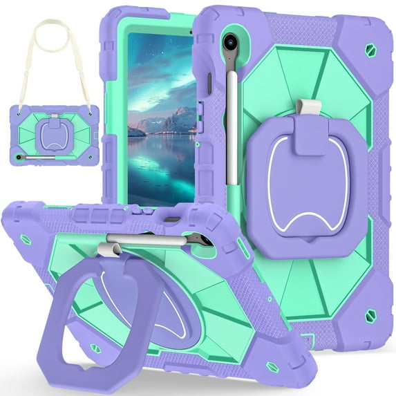 ELEHOLD Heavy Duty Case for Samsung Galaxy Tab S10FE/S9FE/S9, 11/10.9 inch 3-Layer Rugged 360 Rotating Kickstand Handle Grip Detachable Shoulder Strap Kids Friendly Shockproof Case, Purple+Mint