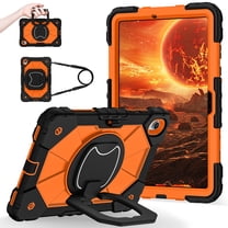ELEHOLD Heavy Duty Case for Samsung Galaxy Tab S11 2025 11-inch, 3-Layer Rugged 360 Rotating Kickstand Handle Grip Detachable Shoulder Strap Kids Friendly Shockproof Case, Black Orange