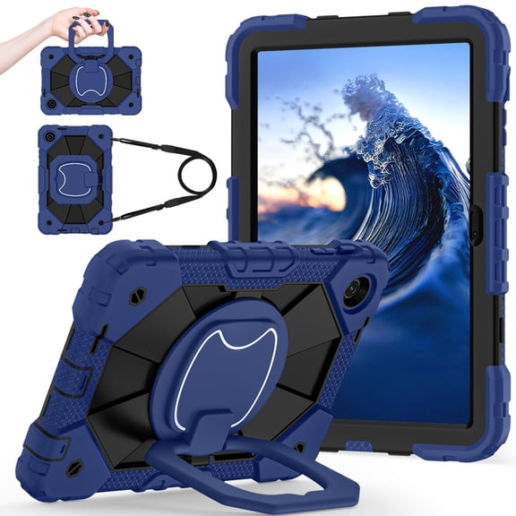 ELEHOLD Heavy Duty Case For T-Mobile Revvl Tab 2 2025 ,10.1-inch, 3-Layer Rugged 360 Rotating Kickstand Handle Grip Detachable Shoulder Strap Kids Friendly Shockproof Case,Black+Navy