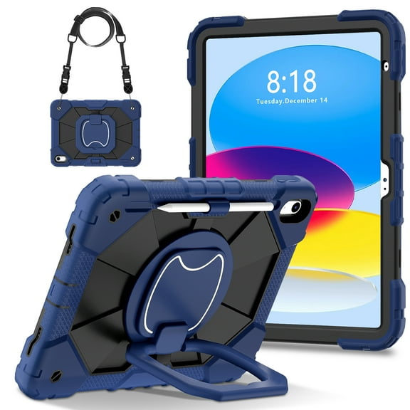 ELEHOLD Heavy Duty Case for iPad 10th Generation 2022, 3-Layer Rugged 360 Rotating Kickstand Handle Grip Detachable Shoulder Strap Kids Friendly Shockproof Case for iPad 10.9", Black+Navy