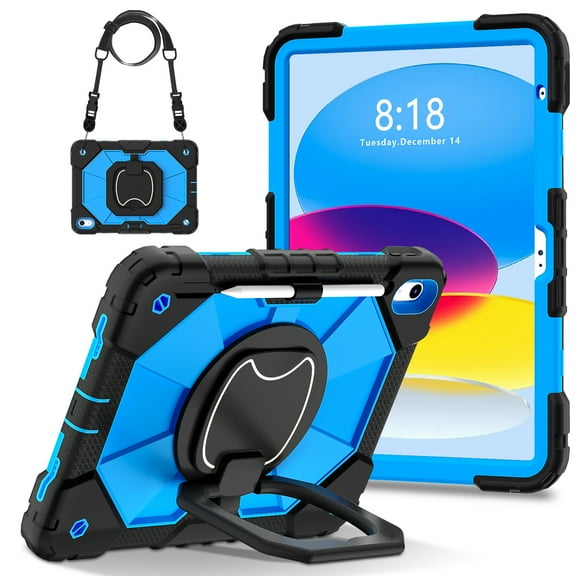 ELEHOLD Heavy Duty Case for iPad 10th Generation 2022, 3-Layer Rugged 360 Rotating Kickstand Handle Grip Detachable Shoulder Strap Kids Friendly Shockproof Case for iPad 10.9",Black+Blue