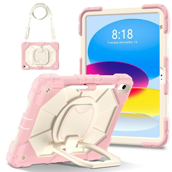 ELEHOLD Heavy Duty Case for iPad 10th Generation 2022, 3-Layer Rugged 360 Rotating Kickstand Handle Grip Detachable Shoulder Strap Kids Friendly Shockproof Case for iPad 10.9",Rosegold