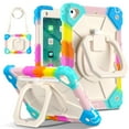 thumbnail image 1 of ELEHOLD Heavy Duty Case for iPad 6th 5th Generation 2018/2017, 3-Layer Rugged 360 Rotating Kickstand Handle Grip Detachable Shoulder Strap Kids Friendly Shockproof Case for iPad 9.7", Rainbow Blue, 1 of 8