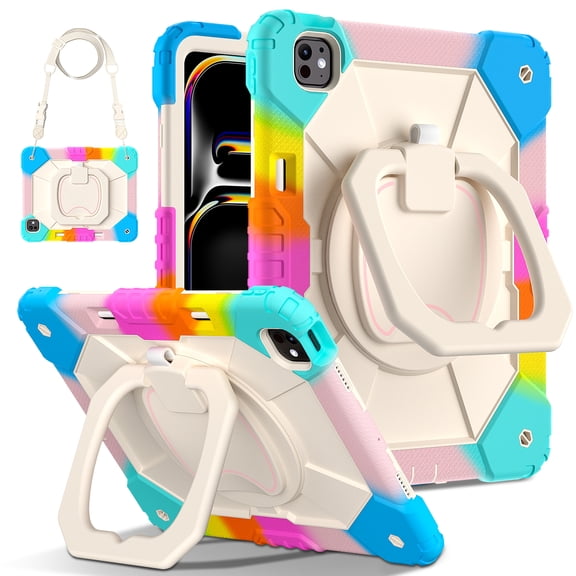 ELEHOLD Heavy Duty Case for iPad Pro 11-inch (M5) 2025/(M4) 2024 , 3-Layer Rugged 360 Rotating Kickstand Handle Grip Detachable Shoulder Strap Kids Friendly Shockproof Case, Rainbow Blue