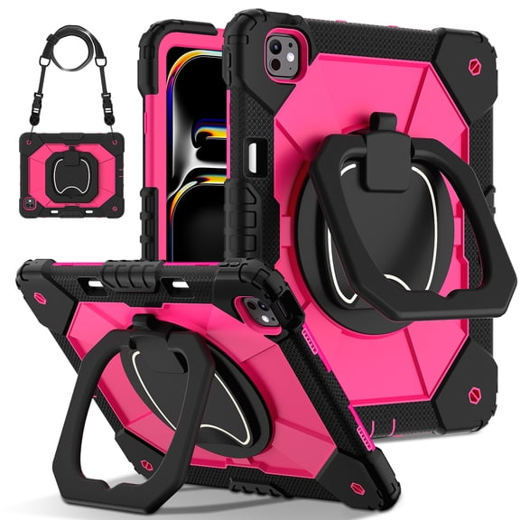 ELEHOLD Heavy Duty Case for iPad Pro 11-inch (M5) 2025/(M4) 2024 , 3-Layer Rugged 360 Rotating Kickstand Handle Grip Detachable Shoulder Strap Kids Friendly Shockproof Case, Black+Rose