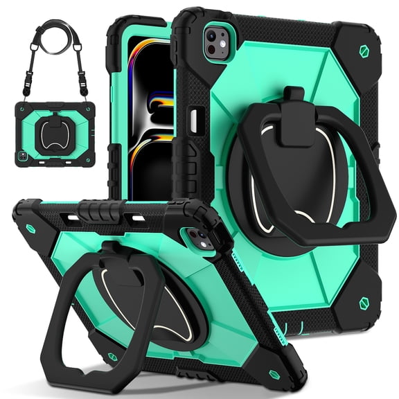 ELEHOLD Heavy Duty Case for iPad Pro 11-inch (M5) 2025/(M4) 2024 , 3-Layer Rugged 360 Rotating Kickstand Handle Grip Detachable Shoulder Strap Kids Friendly Shockproof Case, Black+Mint
