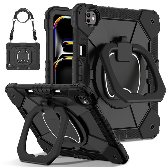 ELEHOLD Heavy Duty Case for iPad Pro 13-inch (M5) 2025/(M4) 2024  , 3-Layer Rugged 360 Rotating Kickstand Handle Grip Detachable Shoulder Strap Kids Friendly Shockproof Case, Black