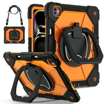 ELEHOLD Heavy Duty Case for iPad Pro 13-inch (M5) 2025/(M4) 2024 , 3-Layer Rugged 360 Rotating Kickstand Handle Grip Detachable Shoulder Strap Kids Friendly Shockproof Case, Black Orange
